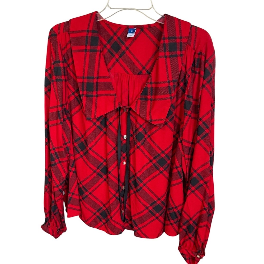 Old Navy Plaid Blouse Womens 2X Red Black Statement Collar Ribbon Tie Tartan - Picture 2 of 8